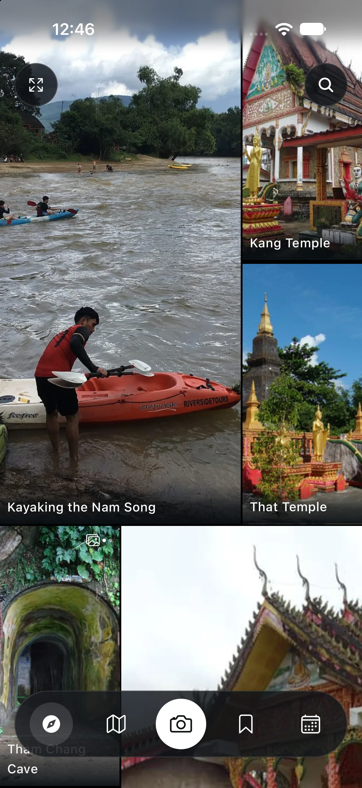 LaoDee Discover screen with a photo mosaic of places