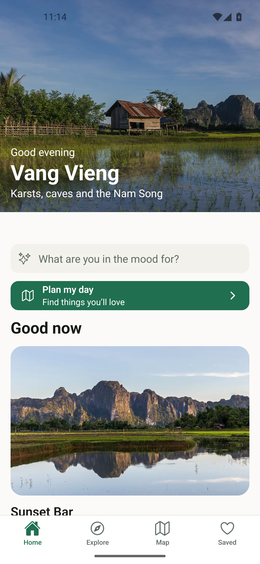 LaoDee home screen showing Vang Vieng and nearby places