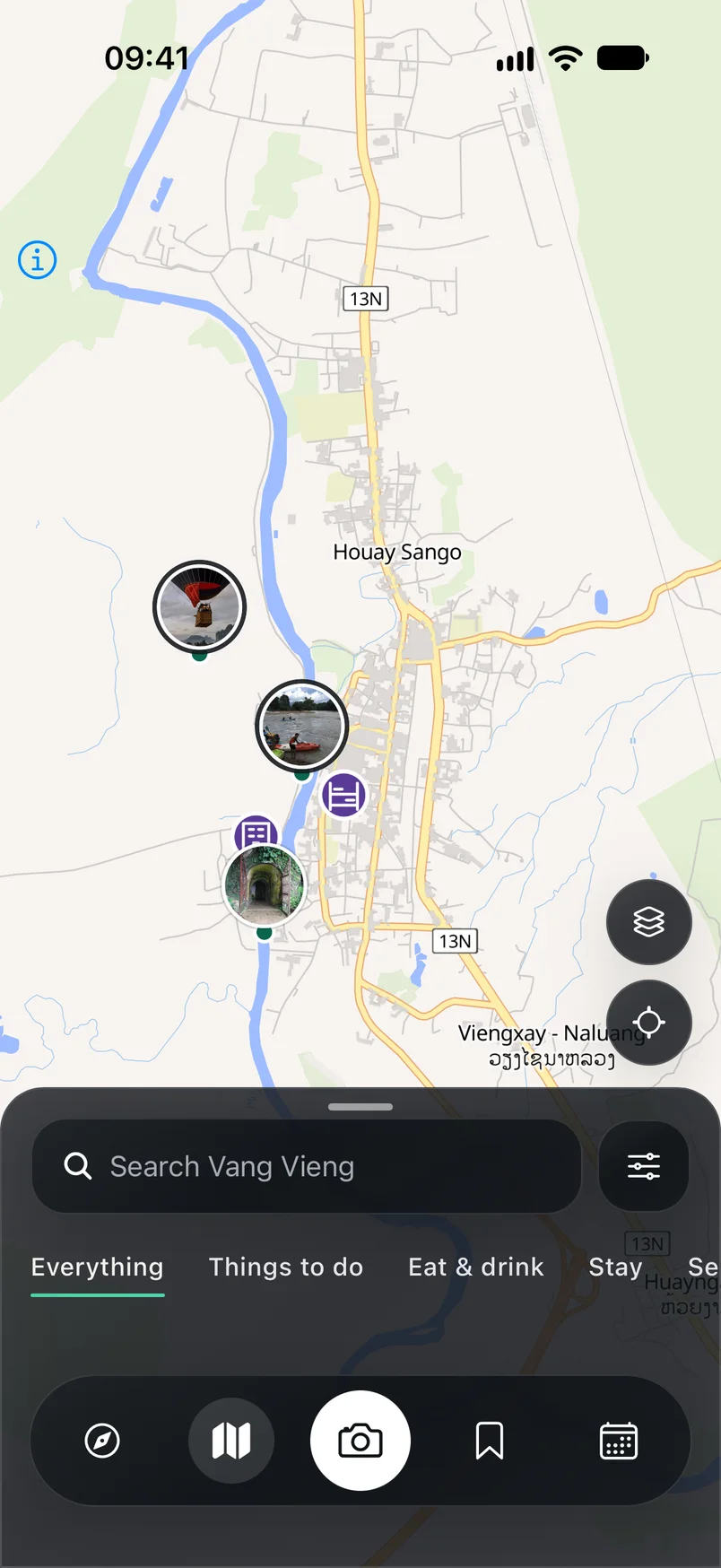 Real LaoDee map screen showing places around Vang Vieng.